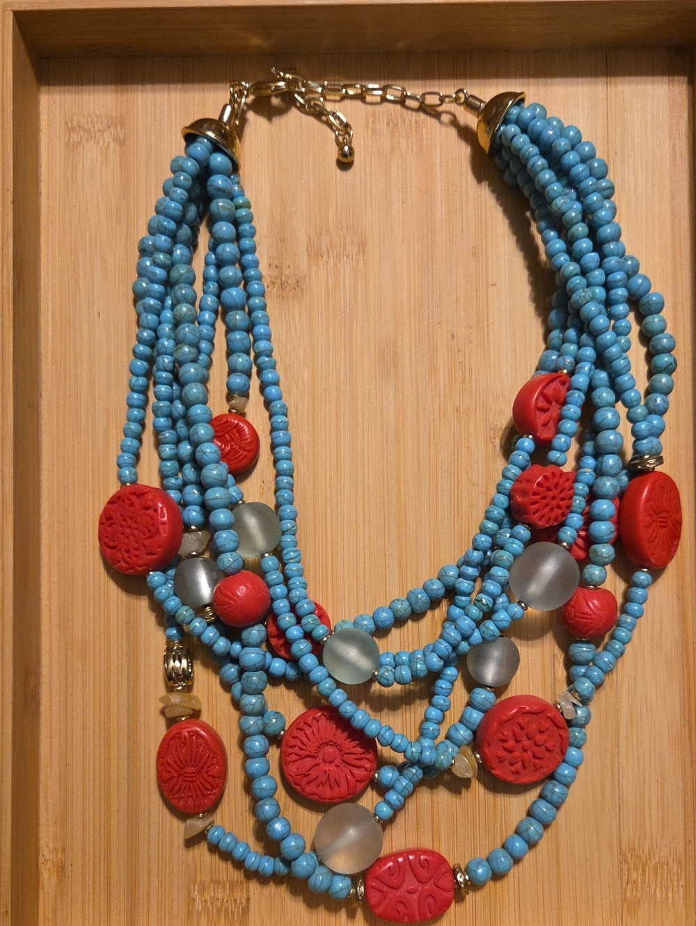 Multi-Strand Turquoise & Red Bead Statement Necklace